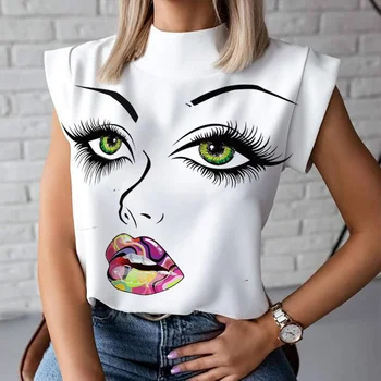 Moterų Berankovis Lūpų Spausdinti Laisvi marškinėliai Vasarą Stovėti Kaklo Streetwear Atsitiktinis Ponios marškinėliai 