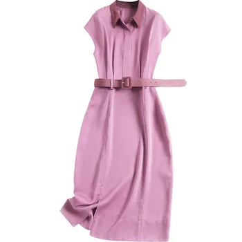 Moterų darbo pareigas, elegantiškas plius dydis suknelė vasaros 2020 trumpomis rankovėmis spalva blokuoti pasukite žemyn apykaklės ritininės diržo suknelės violetinė mėlyna