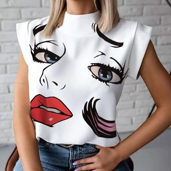 Moterų Elegantiškas Lūpų Spausdinti Palaidinė Marškinėliai 2020 Metų Vasaros Atsitiktinis Stovėti Kaklo Puloveriai Viršūnes Ponios Mados Mielas Akis Trumpomis Rankovėmis Blusa