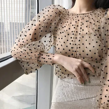 Moterų Harajuku Akių Sujungimas Perspektyvos Marškinėlius Saldus Dot Spausdinti Skaidrus Undershirt Bazės Viršuje Camisa Matyti Per Viršūnių Clubwear