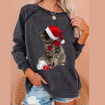 Moterų Kalėdų Katė T-Shirt 