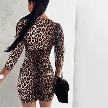 Moterų Leopard Pieštuku Suknelė ilgomis Rankovėmis Giliai V-kaklo Spausdinti Vestidos 2020 M. Rudens-Žiemos Mados Liesas Seksuali Mini Suknelės Moteris