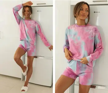 Moterų Pižama Nustatyti 2020Summer Atsitiktinis Palaidų Kaklaraištis Dažų, T-Marškinėliai, Šortai Dviejų dalių Kostiumas Sleepwear Moterys Medvilnės Homewear