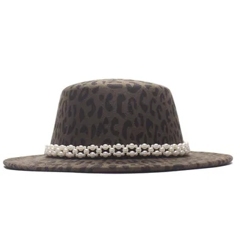 Moterų Platus Kraštų Fedora Vilnos Flat Top Hat Bažnyčia Derby Leopard Diržo Dangtelis Perlų Juostelė Panamos Skrybėlės Trilby Bžūp