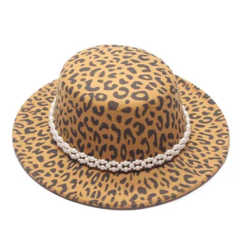Moterų Platus Kraštų Fedora Vilnos Flat Top Hat Bažnyčia Derby Leopard Diržo Dangtelis Perlų Juostelė Panamos Skrybėlės Trilby Bžūp