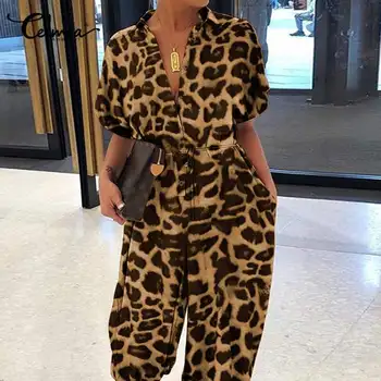 Moterų Rompers Atsitiktinis Trumpomis Rankovėmis V-Kaklo, Seksualus Jumpsuits Celmia Ponios Sumemr Leopardas Spausdinti Playsuits Plius Dydžio Elegantiškas Bodaysuit