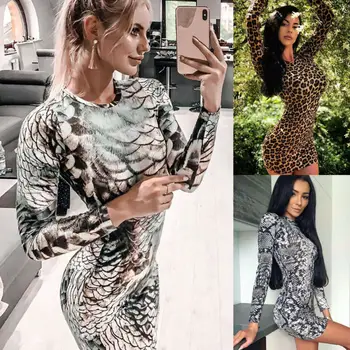 Moterų Sexy ilgomis Rankovėmis Bodycon Kubo Leopard Šalies Klubas Trumpa Mini Suknelė Bodycon Ponios Aptemptų Drabužių 2019 naujas