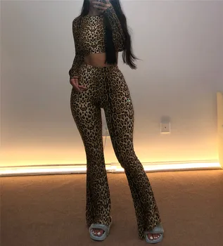 Moterų Sexy, Leopardas Dviejų Dalių Komplektas Populiarus Apvalios Kaklo, Ilgomis Rankovėmis Viršūnes Aukšto Juosmens Flare Kelnės Naujos Desgin Moterų Karšto Atitikimo Kostiumas