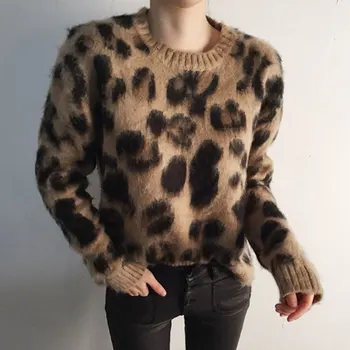 Moterų Sexy, leopardas megzti megztinis žiemą moterų ilgomis rankovėmis puloveriai jumper ponios Atsitiktinis plius dydis moheros