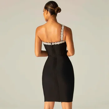 Moterų Sexy Vieną Petį Backless Deimantų Tuščiaviduriai Bodycon Tvarstis Suknelė 2021 Pavasario Mados Juoda Vakare Šalis Suknelė Vestidos