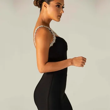 Moterų Sexy Vieną Petį Backless Deimantų Tuščiaviduriai Bodycon Tvarstis Suknelė 2021 Pavasario Mados Juoda Vakare Šalis Suknelė Vestidos