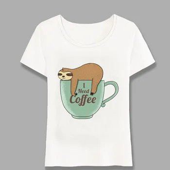 Moterų Trumpomis Rankovėmis Man Reikia Kavos T-Shirt Super Juokingas Tinginys Dizainas T Shirts Paprasta Mergina Atsitiktinis Viršūnes Cute Girl Tees Harajuku