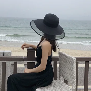 Moterų Vasaros Paplūdimio Kelionės Butas Šiaudų Skrybėlę Moterų apsaugos nuo Saulės juoda balta kepurės Panama Kepurė Didelis, platus kraštų Moterų Jūros Paplūdimio Skrybėlę skrybėlės