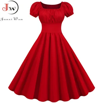Moterų Vintage Suknelė Skraiste Femme Vasaros Sluoksniuotos Rankovėmis Aikštėje Apykaklės Kietas Raudonos Spalvos Elegantiškas Šalis Plius Dydis Atsitiktinis Biuro Midi Suknelė