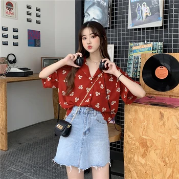 Moterų Šifono Marškinėliai Lapų Modelio Prarasti Atvartas Raudona Trumpomis Rankovėmis Vasarą Moterys Viena Breasted Kišenėje Apdailos Korėjos Palaidinė