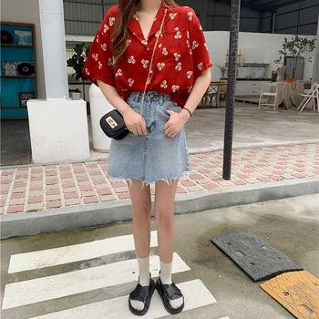 Moterų Šifono Marškinėliai Lapų Modelio Prarasti Atvartas Raudona Trumpomis Rankovėmis Vasarą Moterys Viena Breasted Kišenėje Apdailos Korėjos Palaidinė