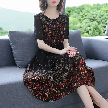 Motinos vasaros atspausdintas šifono suknelė vidutinio amžiaus moterų 2020 m. pavasario ir rudens dress kilnus didelio dydžio gėlių suknelė puotą
