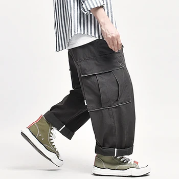 Multi Pocket Krovinių Kelnės Vyrams Safari Stiliaus Darbo Kelnės Plati Plati Koja Pants Mens Streetwear Atsitiktinis Kelnės