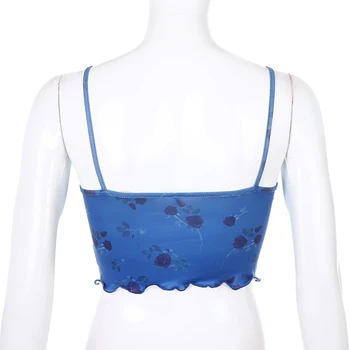 Mėlyna pasėlių viršuje moterų marškinėlius su dirželiu Y2K estetikos viršūnių moterų derliaus camisold vasaros 2020 E-girl kratinys nėrinių tee