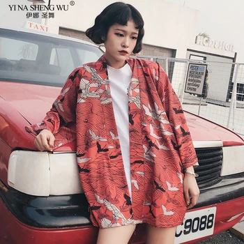 Nauja Japonų Krano Spausdinti Raudona Mėlyna Kimono Megztinis Moteriška Laisvi Marškinėliai Topai Atsitiktinis Kailis Yukata Moterų Azijos Drabužių Kimono Cosplay