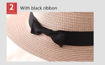 Nauja vasaros panele laisvalaikio šiaudų skrybėlę Kvėpuojantis skėtį nuo saulės skrybėlę Moterų paplūdimio atostogų skydelio dangtelis Juodas bowknot juostelės Saulės skrybėlę panama