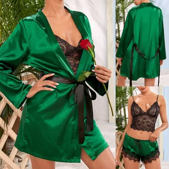 Naujai Žalias Chalatas, Pižama Moterų Sexy Satin camisole Šortai Nėrinių Viršų Chalatas Su Diržu Nustatyti apatinis Trikotažas Sleepwear 2021 Mujer пижамы