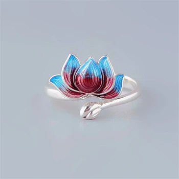 Naujas Atvykimo Etninės Kūrybinis Dizainas Augalų Lotus Reguliuojamas Žiedai Moterims Moteriški 925 Sterlingas Sidabro Spalvinga Glazūra Emalio Žiedas