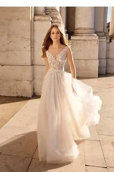 Naujas Atvykimo Tiesiog Elegantiškas Vestuvių Suknelė 2020 V Kaklo Nėrinių Appliqued Atvira nugara Tiulio Linijos Birdal Chalatai lakshmigown