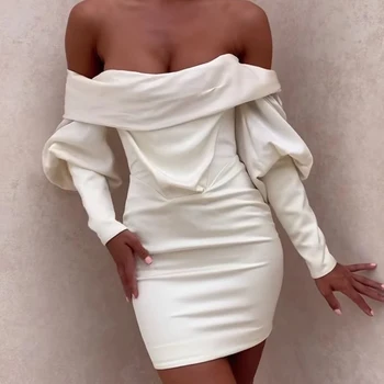 Naujas Lady Stiliaus Elegantiška Balta Backless Drap Off Peties Seksualus ilgomis Rankovėmis Rudenį Bodycon Mini Šalis Suknelė Moterims
