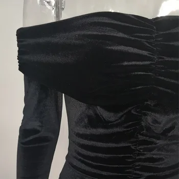 Naujas Mados Kietas Juodas Elegantiškas Atsitiktinis Off Peties Aksomo Suknelė Moterims Seksualus Šalis Suknelė Ilgomis Rankovėmis