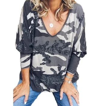Naujas Mados moterų atsitiktinis kamufliažas spausdinti V-kaklo prarasti ilgomis rankovėmis vadimas marškinėliai blusas mujer de moda 2019
