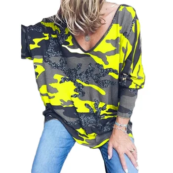 Naujas Mados moterų atsitiktinis kamufliažas spausdinti V-kaklo prarasti ilgomis rankovėmis vadimas marškinėliai blusas mujer de moda 2019