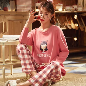 Naujas Medvilnės Rudenį Pižama Rinkiniai Moterims Ilgomis Rankovėmis Sleepwear Gražus Homewear Geros Kokybės Kelnės Minkštas Mielas Naktiniai Drabužiai Pajama 2020 M.