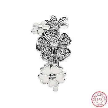 Nekilnojamojo 925 Sterlingas Sidabro Kibirkščiuojantis Puokštė Žiedų Moterų Papuošalai Balto Emalio Akmens-Dygliuotos Populiariausių Gėlių Dizainas FLR079