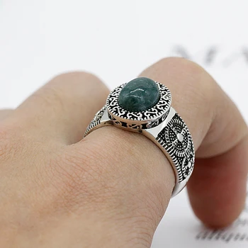 Nekilnojamojo 925 Sterlingas Sidabro Vyrų Žiedas Nustatymas Ovalo formos Žalios Gamtos Jade Akmuo Žiedai Nesenstantis Vintage Retro Stiliaus Moterų ir Vyrų Papuošalai