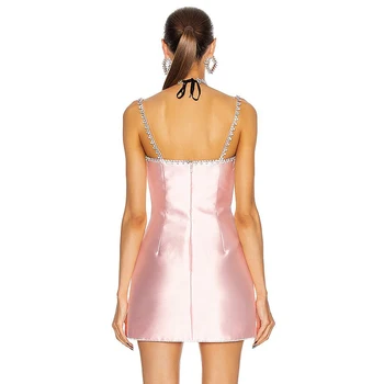 Nemokamas Pristatymas 2021 Naujas Rožinės spalvos Elegantiškas Moterų Seksuali Suknelė be Rankovių Diamond Slim Įžymybė Vakarą Grupė Veikia Mini Vestidos