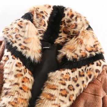 Nerazzurri x-ilgos žiemos dirbtiniais kailių paltai moterims su leopardas lapės kailio apdaila, pailgėjo pūkuotas šiltas plius dydis netikrą audinės kailio paltas