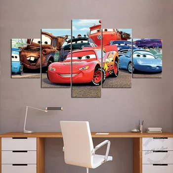 Neįrėminti 5 Gabalas Automobilių Animacinių filmų Tapybos HD Movie Poster Flo Žaibas McQueen Mater Sally Sienos Nuotraukos, Vaikų Kambario Dekoro