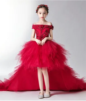 Off Peties Merginos Princesė Suknelės Ilgai Gale Vakare Šalis Suknelė Raudona Appliques Tiulio Princesė Gėlių Mergaitėms Vestuvių Suknelė