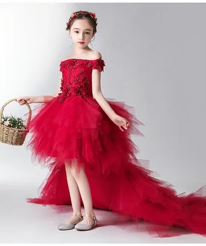 Off Peties Merginos Princesė Suknelės Ilgai Gale Vakare Šalis Suknelė Raudona Appliques Tiulio Princesė Gėlių Mergaitėms Vestuvių Suknelė