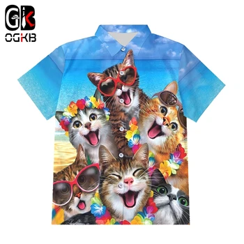 OGKB ES ir JAV Dydžio, Vasaros Havajų Mygtuką Marškinėliai Vyrams Hip-Hop Harajuku 3D Atspausdintas Funny Cat Streetwear Marškiniai Plius Dydis Drabužiai