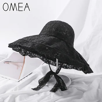 OMEA Šiaudų Skrybėlę Moterų Vasaros Gėlių Nėrinių Paplūdimio Skrybėlę, Atostogų, Saulės Skydelis Dirželis Reguliuojamas Platus Kraštų Floppy Skrybėlę Mergina Bžūp Elegantiškas
