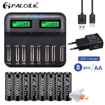 PALO Greitai LCD ekranas USB Smart AA AAA baterijų Įkroviklis AA, AAA, C, D daugkartinio Įkrovimo Baterija+1.2 V įkraunamas baterijas AA AAA