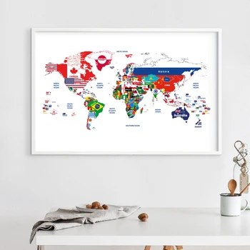 Pasaulio žemėlapis Plakatas Sujungta su Šalių Vėliavomis, Drobė Art Prints Kūrybos Žemėlapį Tapybos Sienos Nuotrauka Kambarį Namų Dekoro