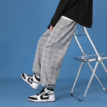 Pavasario Medvilnės Skalbiniai Pledas Kelnės, vyriškos Mados Retro Atsitiktinis Kelnės Vyrams Streetwear korėjos Hip-hop Tiesiai Plati Koja Pants Mens