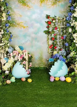 Pavasario Velykų Backdrops Triušis Spalvinga Kiaušiniai Gėlių Žolės Fotografijos Fono Šviesą Baby Shower Velykų Foto Studija Reklama