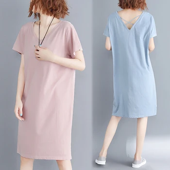 Pavasarį, vasarą 2019 nauji didelio dydžio moteriški korėjos versija prarasti V-neck slim backless suknelė ilgai skyriuje medvilnės marškinėliai dressle021