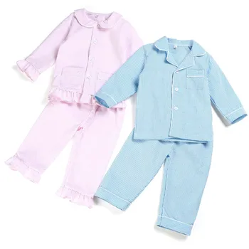 Pižama ilgomis rankovėmis 12 metų berniukų ir mergaičių seersucker vasaros Pynimas juostele vaikai sleepwear medvilnės baby girl pižamos