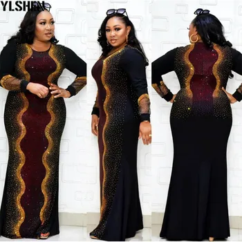 Plus Size Afrikos Dizaino Suknelės Moterims Dashiki Blizgučiai kalnų krištolas Afrikos Drabužius Abaja Dubajaus Musulmonų Suknelė Skraiste Afrikos Suknelė