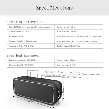 Portable Bluetooth Speaker 3D žemų dažnių Garsiakalbis, 40 W Garsiakalbiai IPX67 Vandeniui 8H Grojimo Paramos AUX TF USB